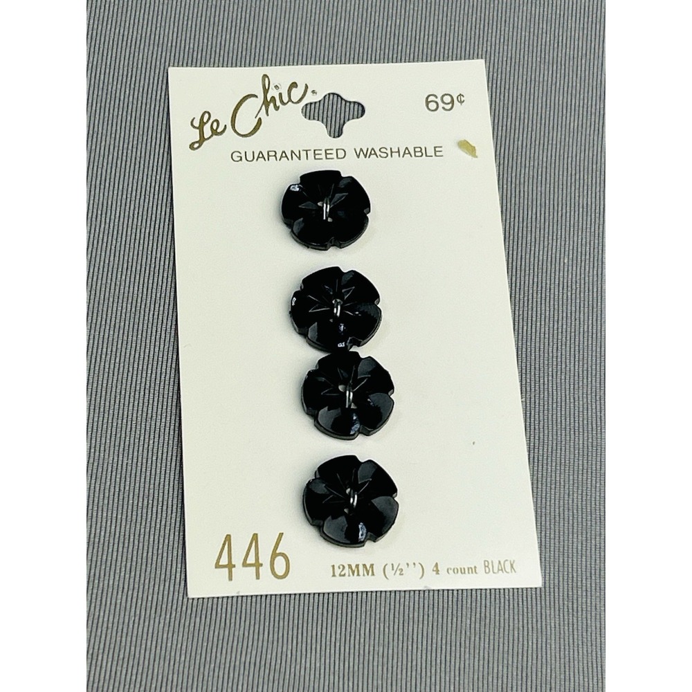 Black Flower Small Plastic Le Chic Buttons NEW On Card Set Of 4 - Picture 1 of 9